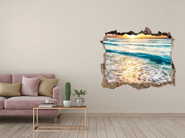 Zelfklevende muursticker 3D gat Zonsondergang boven de zee