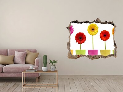 Zelfklevende 3D wandsticker illusie Bloemen in potten door een gat in de muur