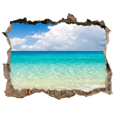 Wandsticker 3D gat met uitzicht Caribisch strand door een gat in de muur