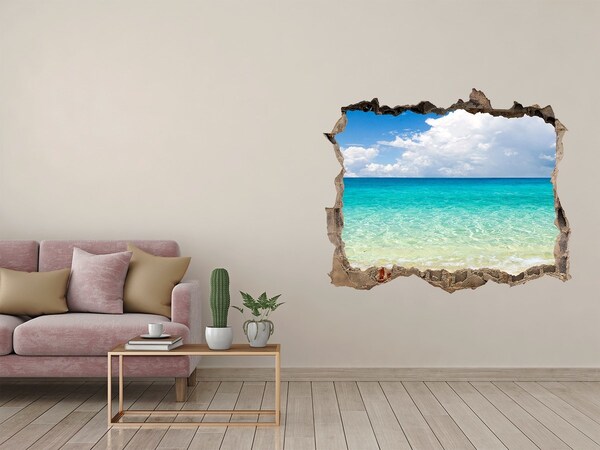 Wandsticker 3D gat met uitzicht Caribisch strand door een gat in de muur