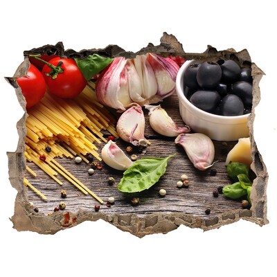 Zelfklevende muursticker 3D gat Italiaanse gerechten met pasta en knoflook