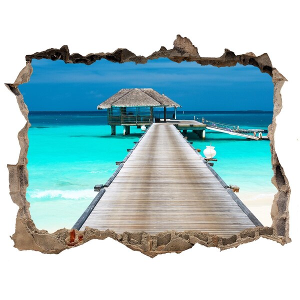 Wandsticker 3D gat met uitzicht Tropische pier boven turkoois water