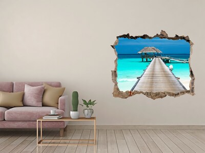 Wandsticker 3D gat met uitzicht Tropische pier boven turkoois water