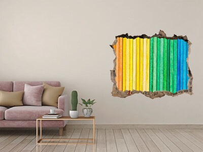 Wandsticker 3D gat met uitzicht Kleurrijke borden in een gat in de muur