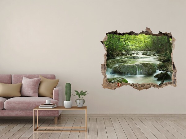 Wandsticker 3D gat met uitzicht Groene vallei met een waterval