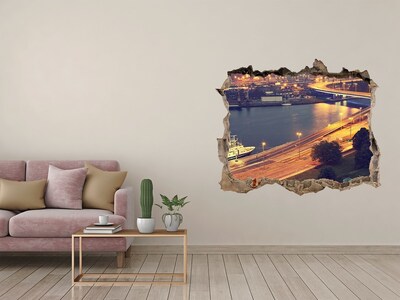 Wandsticker 3D gat met uitzicht Uitzicht op de stad 's nachts