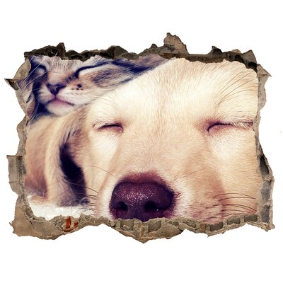 Zelfklevende muursticker 3D gat Schattige hond in een gat in de muur