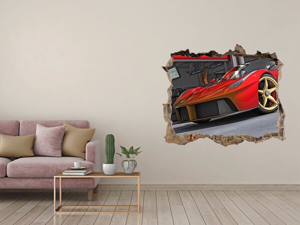 Wandsticker 3D gat met uitzicht Een sportwagen in een ingestorte muur.