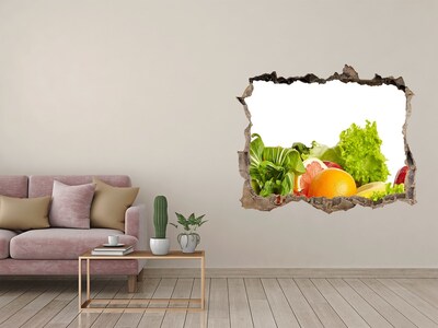 Wandsticker 3D doorkijk Fruit en groenten in een gat in de muur