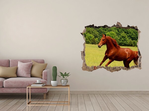 Zelfklevende 3D wandsticker illusie Galopperend paard in een schilderachtige weide