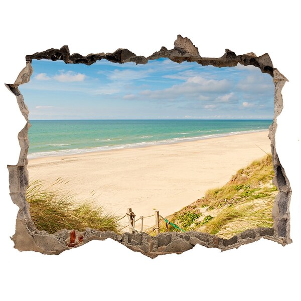Zelfklevende 3D wandsticker illusie Caribisch strand door een gat in de muur