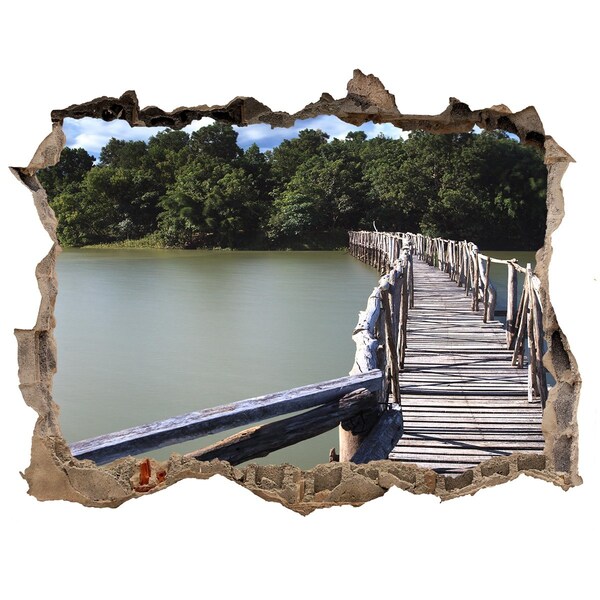 Wandsticker 3D gat met uitzicht Een brug over het water