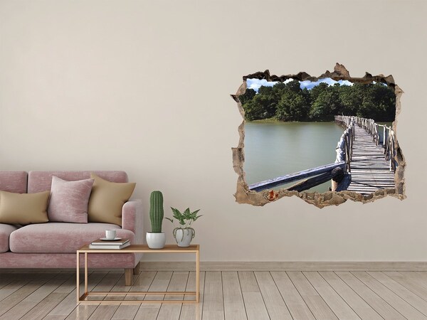 Wandsticker 3D gat met uitzicht Een brug over het water