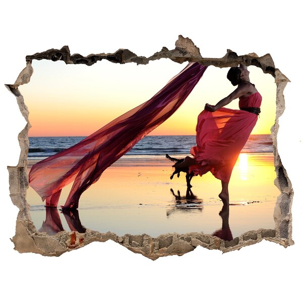 Wandsticker 3D gat met uitzicht Dansen op het strand bij zonsondergang