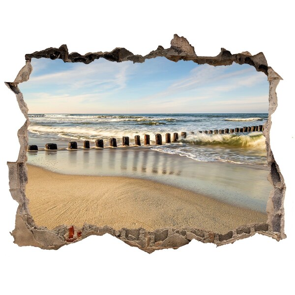 Wandsticker 3D gat met uitzicht Zee en strand in de zomerzon