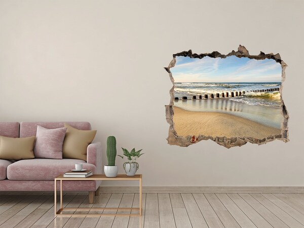 Wandsticker 3D gat met uitzicht Zee en strand in de zomerzon