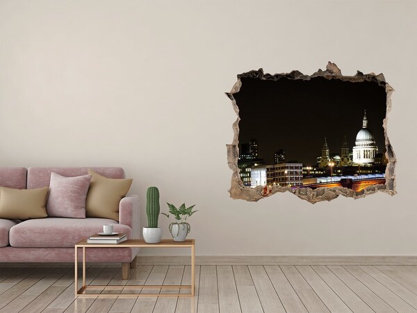 Wandsticker 3D gat met uitzicht Nachtzicht op Londen door een gat in de muur.