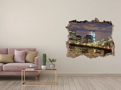 Zelfklevende muursticker 3D gat Uitzicht op de Brooklyn Bridge 's nachts