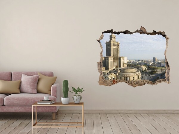 Zelfklevende 3D wandsticker illusie Uitzicht op Warschau vanuit een gat in de muur.