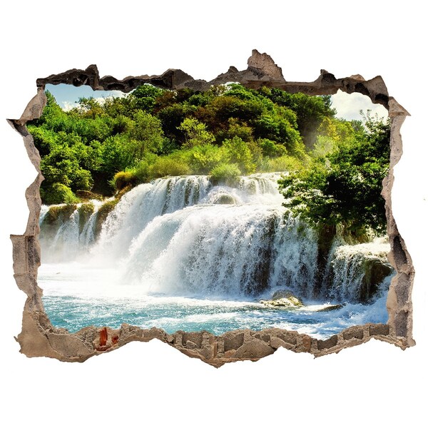 Zelfklevende 3D wandsticker illusie Een waterval te midden van het groen.