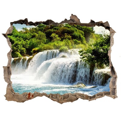 Zelfklevende 3D wandsticker illusie Een waterval te midden van het groen.