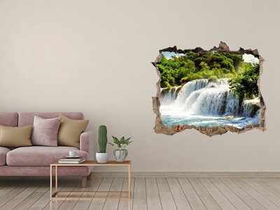 Zelfklevende 3D wandsticker illusie Een waterval te midden van het groen.