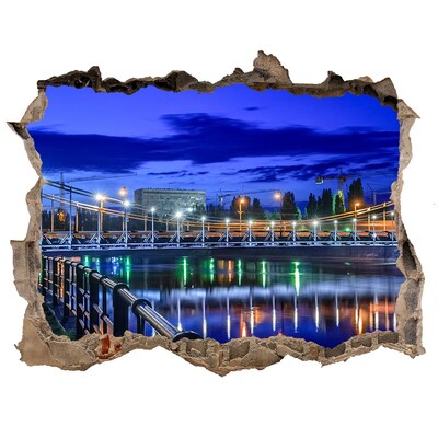 Zelfklevende muursticker 3D gat Nachtzicht op de brug en de rivier