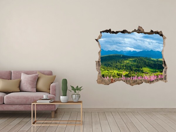 Wandsticker 3D doorkijk Berglandschap met bloemen