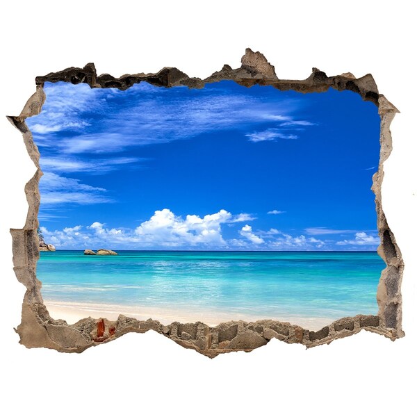 Wandsticker 3D gat met uitzicht Caribisch strand door het gat in de muur