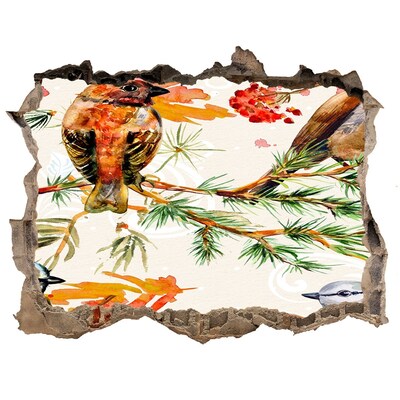 Wandsticker 3D gat met uitzicht Vogels in een boslandschap