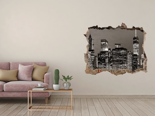 Wandsticker 3D gat met uitzicht De skyline van New York 's nachts