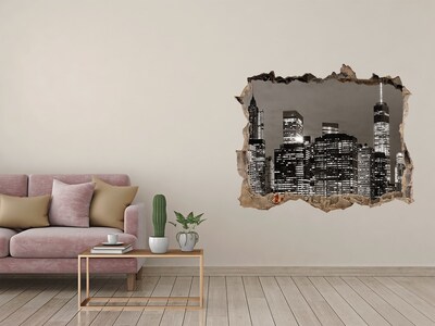 Wandsticker 3D gat met uitzicht De skyline van New York 's nachts