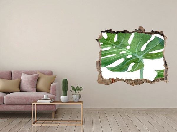 Wandsticker 3D doorkijk Groene monstera in beton