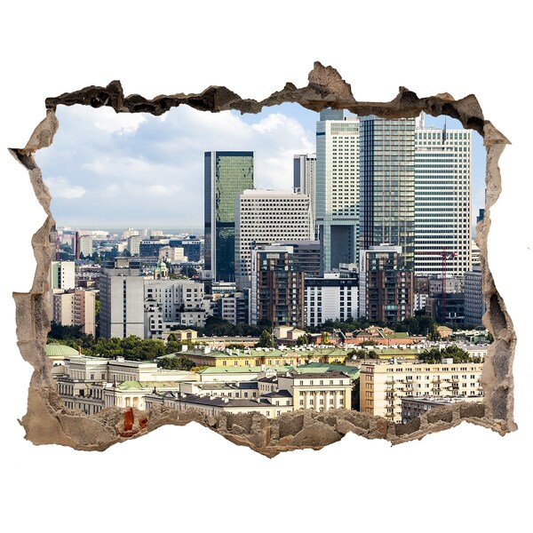 Wandsticker 3D gat met uitzicht Uitzicht op de moderne stad