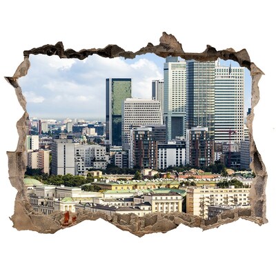 Wandsticker 3D gat met uitzicht Uitzicht op de moderne stad