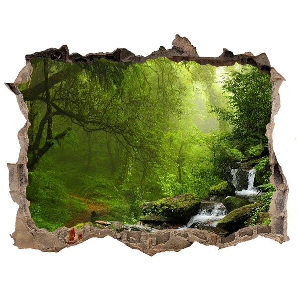 Wandsticker 3D doorkijk Groen bos met een waterval