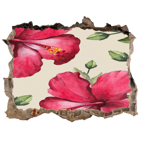 Zelfklevende 3D wandsticker illusie Hibiscusbloemen door een gat in de muur