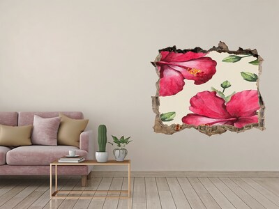 Zelfklevende 3D wandsticker illusie Hibiscusbloemen door een gat in de muur