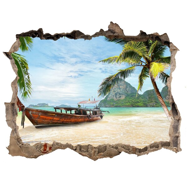 Wandsticker 3D doorkijk Tropisch strand met een boot