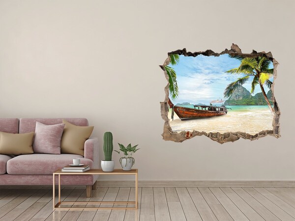 Wandsticker 3D doorkijk Tropisch strand met een boot
