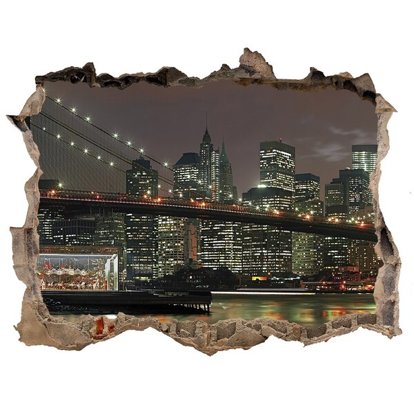Zelfklevende 3D wandsticker illusie New York 's nachts, gezien door een gat in de muur.
