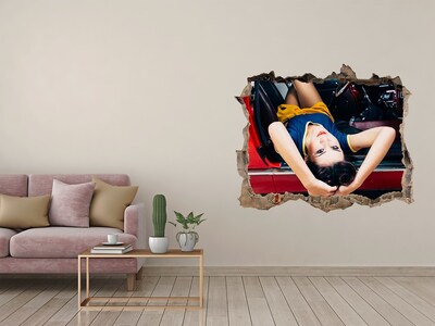 Wandsticker 3D doorkijk Vrouw in een klassieke auto