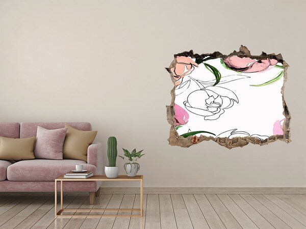 Wandsticker 3D gat met uitzicht Een bloemenmuurschildering achter een beschadigde muur