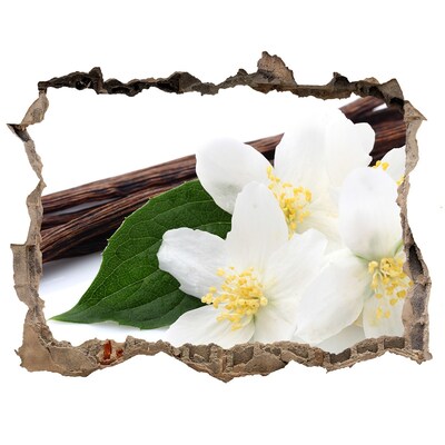 Wandsticker 3D gat met uitzicht Jasmijnbloemen in beton