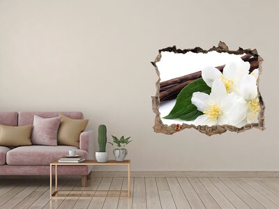 Wandsticker 3D gat met uitzicht Jasmijnbloemen in beton