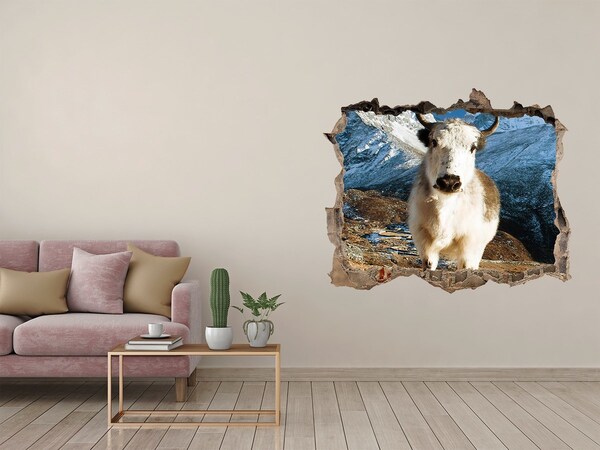 Wandsticker 3D gat met uitzicht Bergbuffel in een gat in de muur