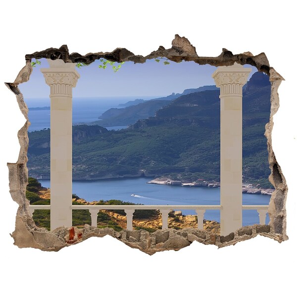 Wandsticker 3D gat met uitzicht Uitzicht op de pittoreske baai