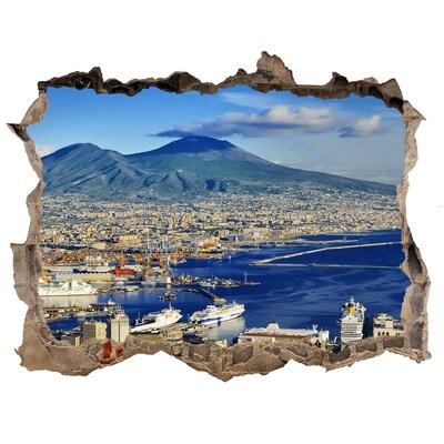 Zelfklevende 3D wandsticker illusie Uitzicht op Napels met de Vesuvius op de achtergrond.