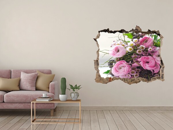 Wandsticker 3D gat met uitzicht Bloemenboeket in een gat in de muur