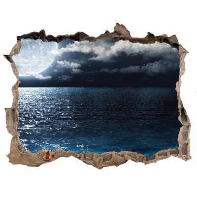 Wandsticker 3D gat met uitzicht Nachtzicht op de zee